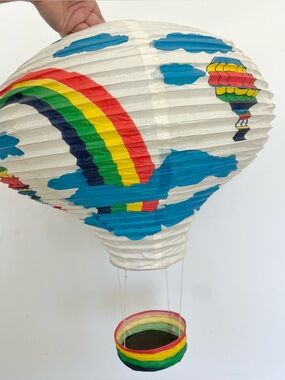 Set of 2 Vintage Paper Lantern Hot Air Balloons w Rainbows Clouds Decor READ